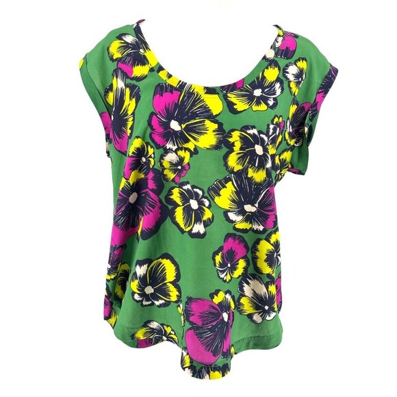 J.Crew Womens Green Floral Print Cap Sleeve Blouse Size 12 EUC Summer Vibes Prep - Picture 1 of 8